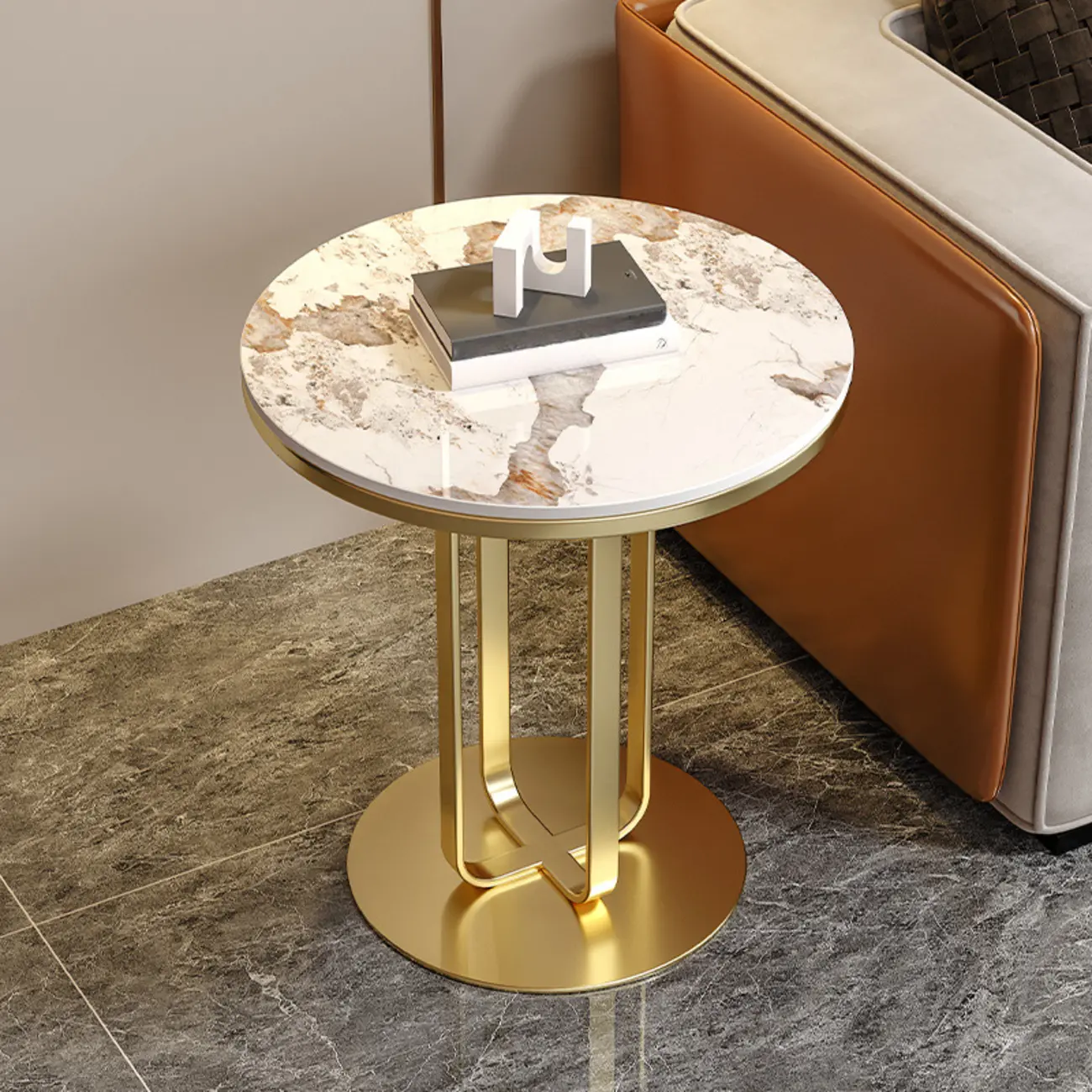 Modern Round White Sintered Stone Side Table for Living Room