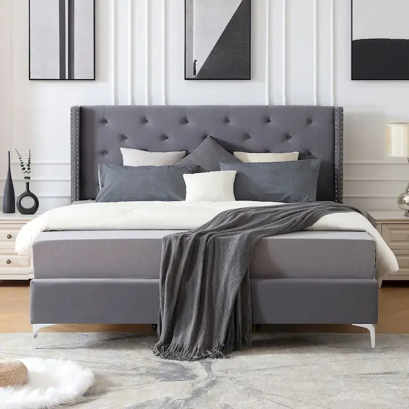 Queen Size Velvet Upholstered Platform Bed Frame with 6-Inch Metal Legs