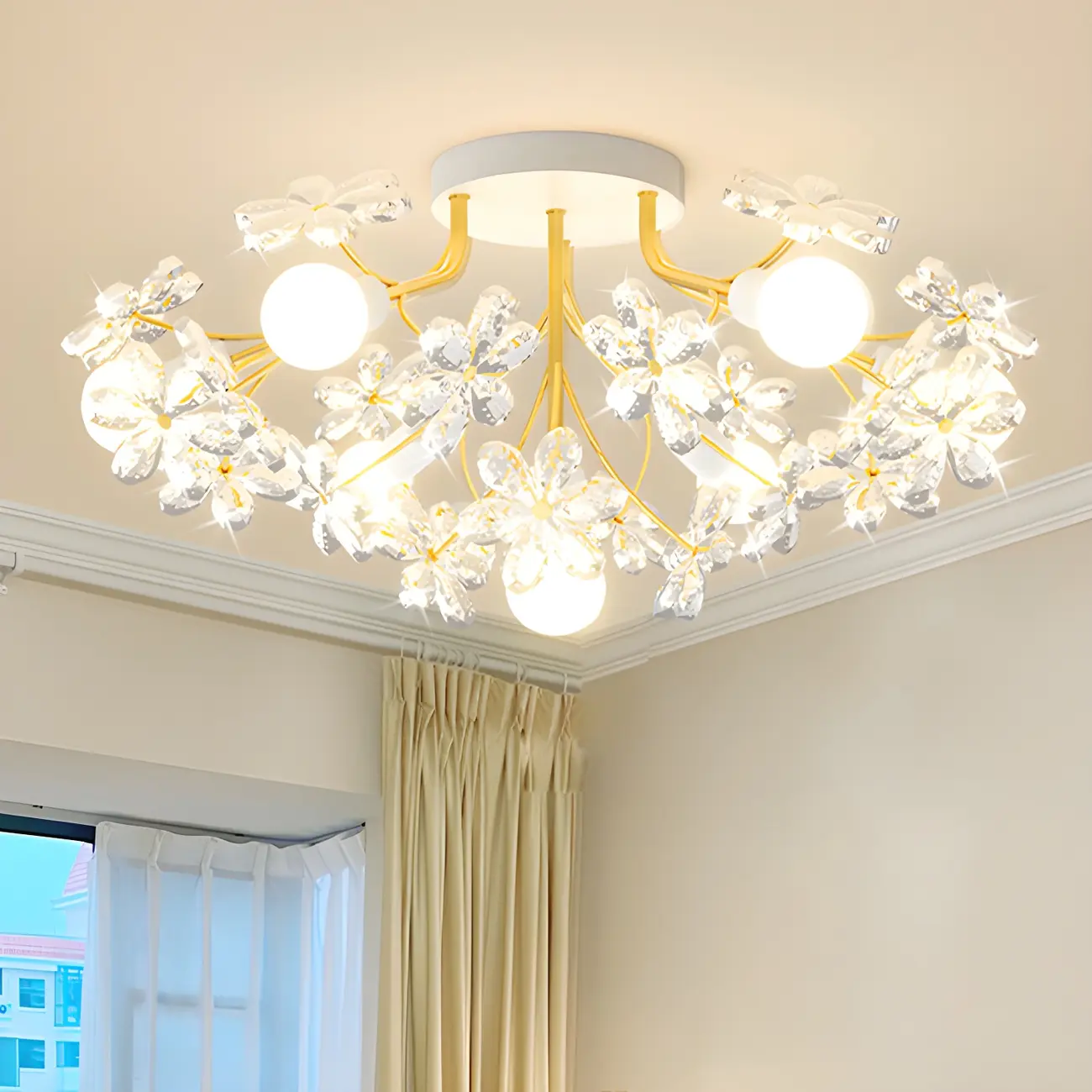 Elegant Floral Crystal Golden Semi Flush Ceiling Light