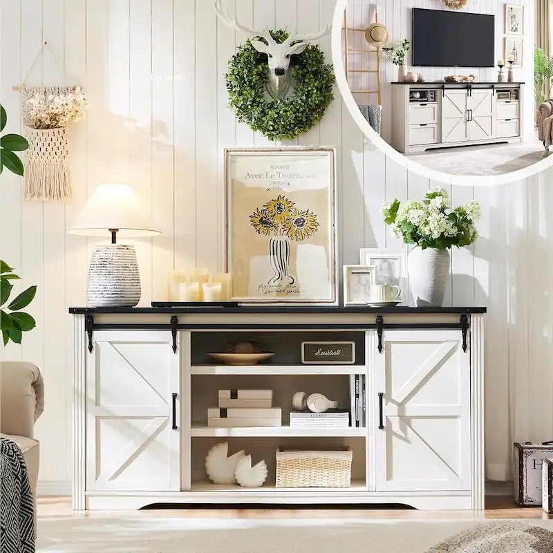 32 Tall Farmhouse TV Stand for 80 TV, Wood Entertainment Center