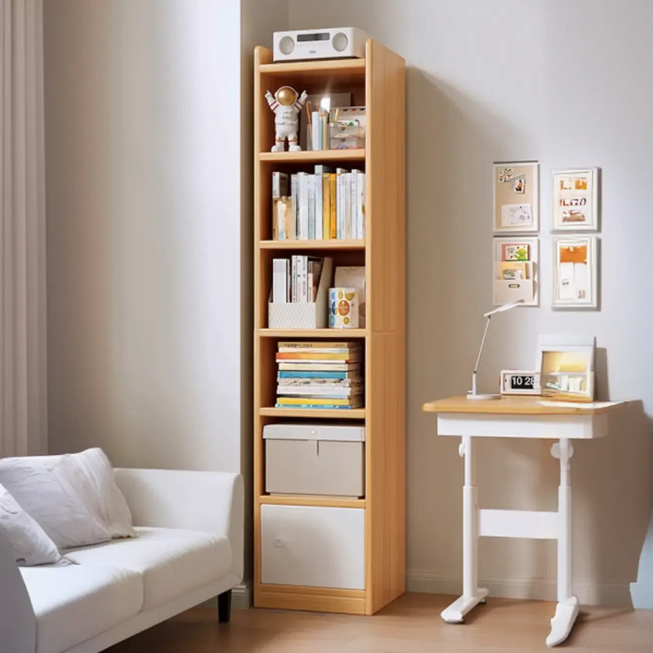 Narrow 6-Shelf White Wooden Bookcase with Cabinet
