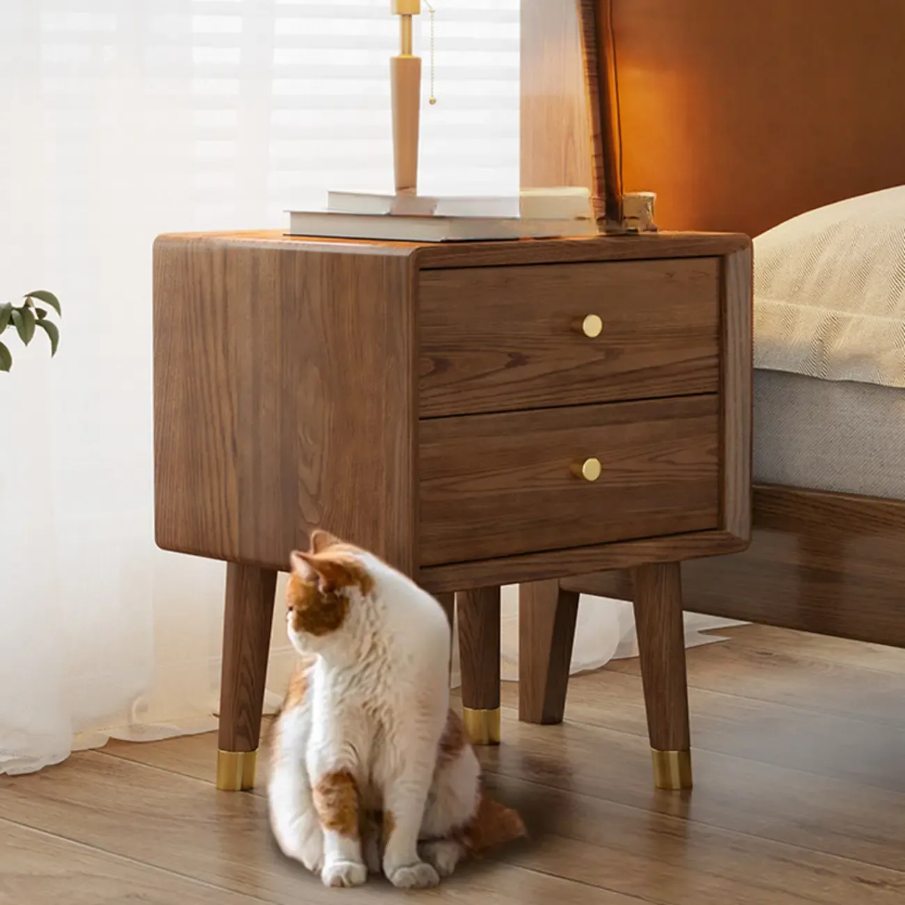 Traditional Natural Wood Nightstand with 2 Drawers