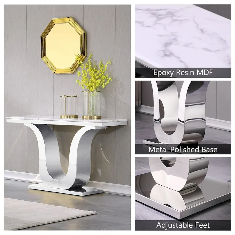 50 inch Luxury Console Table Rectangle Living Room White Sofa Entryway Table with Stainless Steel U Base