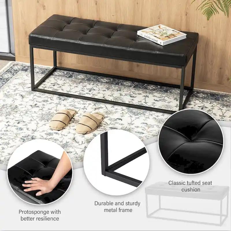 Glitzhome 45W Modern Black Tufted Upholstered Bench with Metal Frame Legs - 45W x 19H x 17.5D