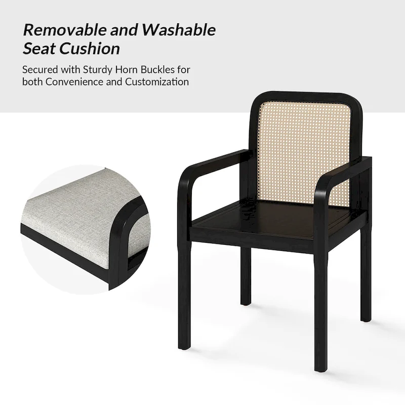 Modern Rattan Back Dining Chair with Removable Cushion - Rubber Wood Frame, Linen Upholstery