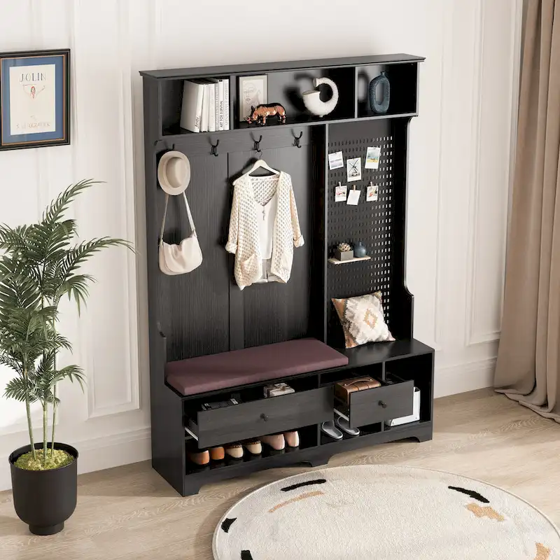Hall Tree with Shoe Bench, Coat Rack, Shelves and Pegboard