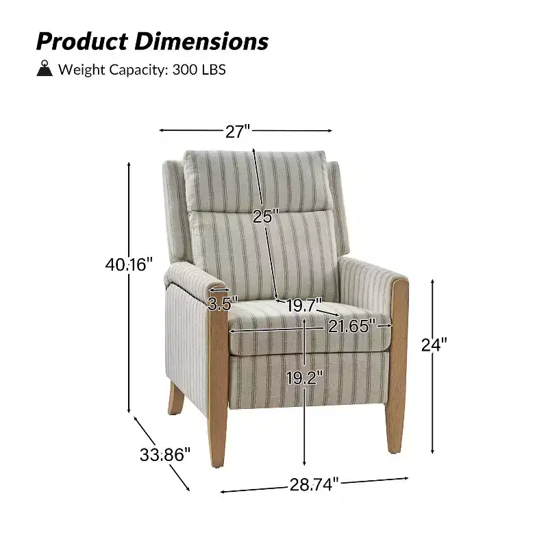 Upholstered Push Back Recliner, Set of 2 — Beige / Blue / Grey / Stripe
