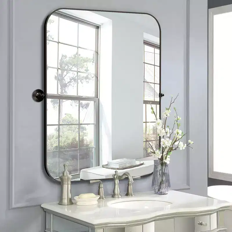 1-Piece Black 23 in.W x 31 in.H Iron Round Corner Rectangular Hardware Hanging Mirror Wall Mirror
