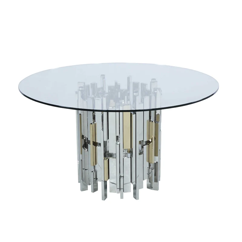 Somette Contemporary Round Glass Table with Steel & Golden Cluster Design Base
