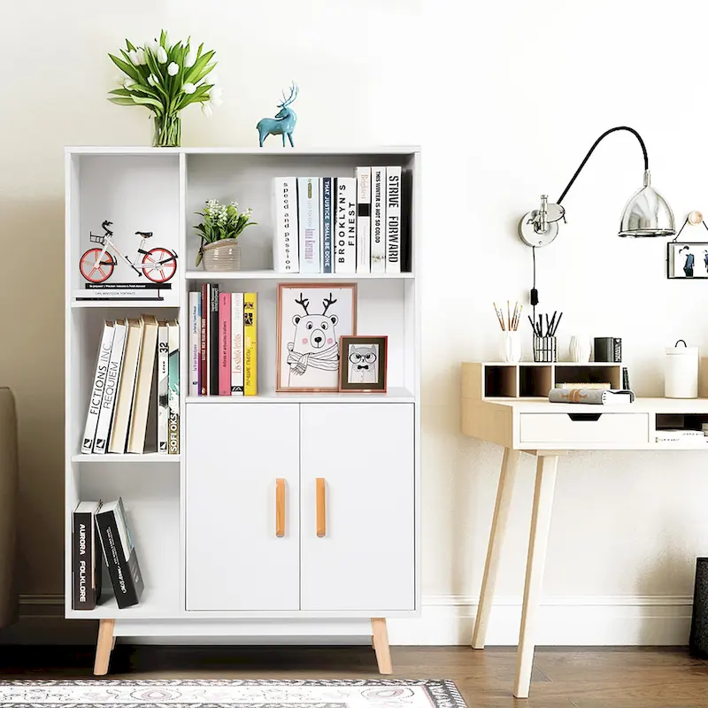 Floor-Standing Storage Cabinet — Freestanding Wooden Display Bookshelf