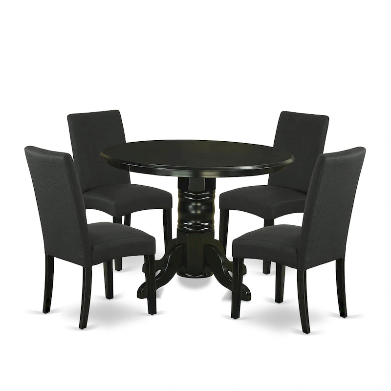 East West Furniture Kitchen Table Set- a Round Table and Black Color Linen Fabric Chairs, Black (Pieces Option)