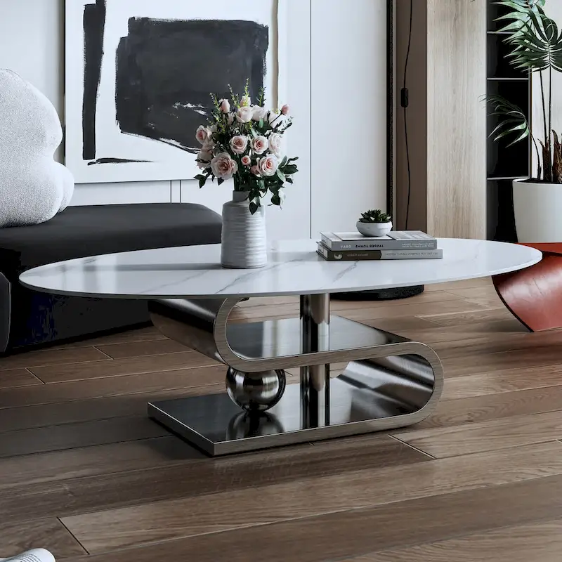 Exquisite Modern Oval Coffee table with white 51L Stone Top and Gold Metal Base