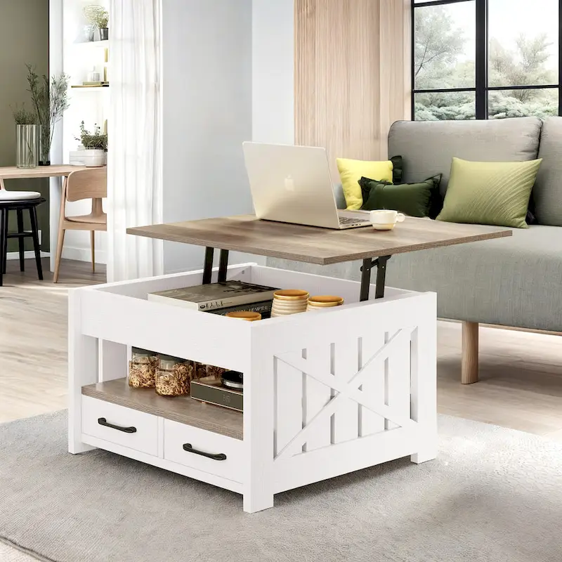 Moasis Farmhouse Square Lift Top Coffee Table with Storage Shelf and 2 Drawers