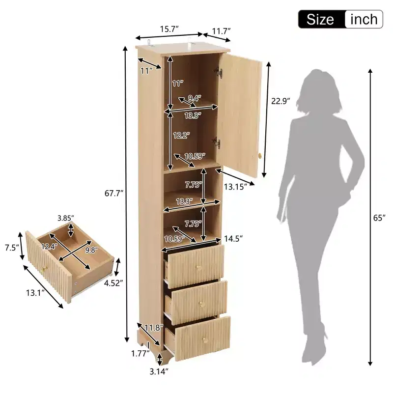 Clihome 67.7 Tall Freestanding Bathroom Cabinet, Traditional American Style,with Adjustable Shelf,Space-Saving Design