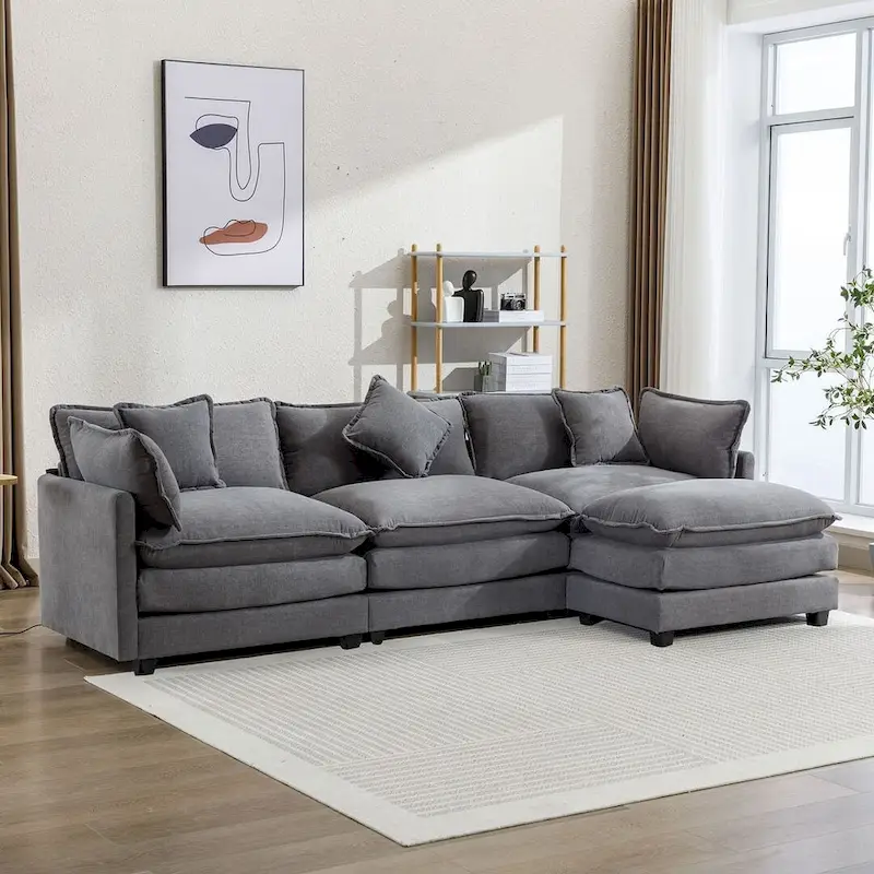 112 Modern L-Shape Chenille Upholstered Sofa with 5 Pillows