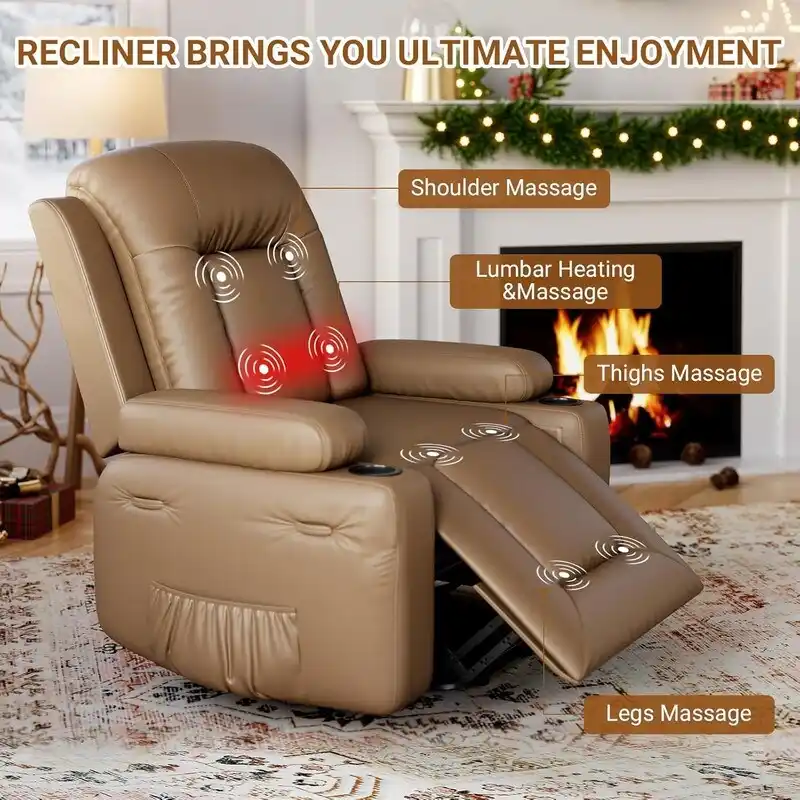 Power lift recliner chair with massage, cup holders, and side pocket.