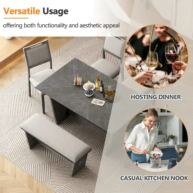 6 Pcs Dining Table Set, Wood Dining Kitchen Table and Chairs Set with Rectangular Table, 4 Upholstered Chairs and 1 Bench