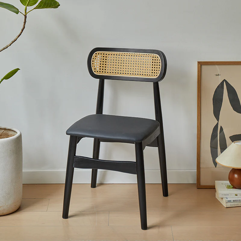 Rustic Black Wooden Armless Dining Chair with Handwoven Back