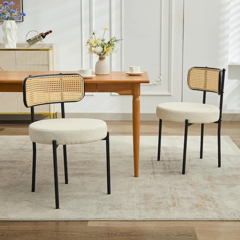 XINMICS Mid-Century Modern Dining Chairs, Boucle Upholstered Metal Side Chair with Rattan Cane Back, Set of 2 - set of 2