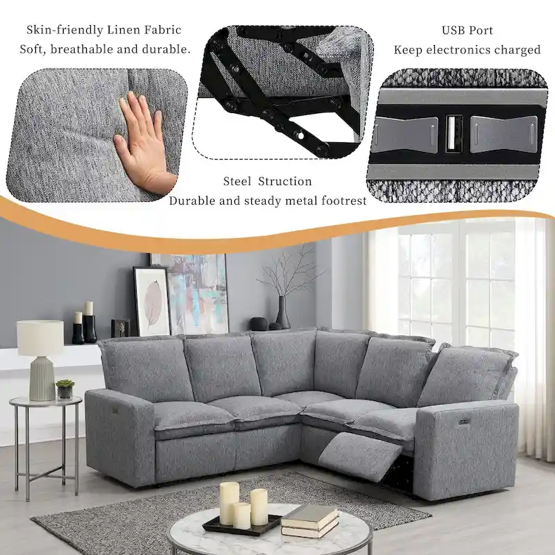 Grey Linen L-Shaped Sectional Sofa with Power Recliners & USB