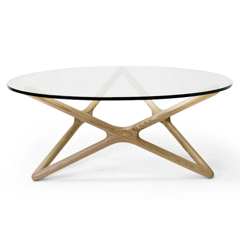 Coffee Table - 39.5 Tempered Glass Top, American Ash Wood, 6-Point Cross Base, Modern Design