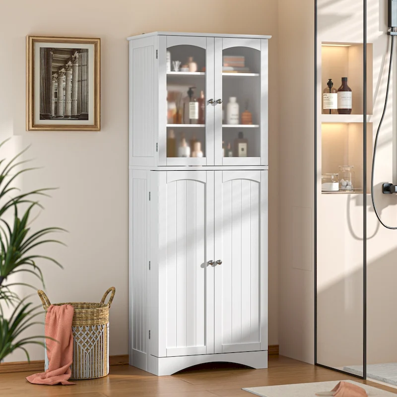 64 Kitchen Pantry Cabinet, Tall Storage Cabinet with Glass Doors and Adjustable Shelves
