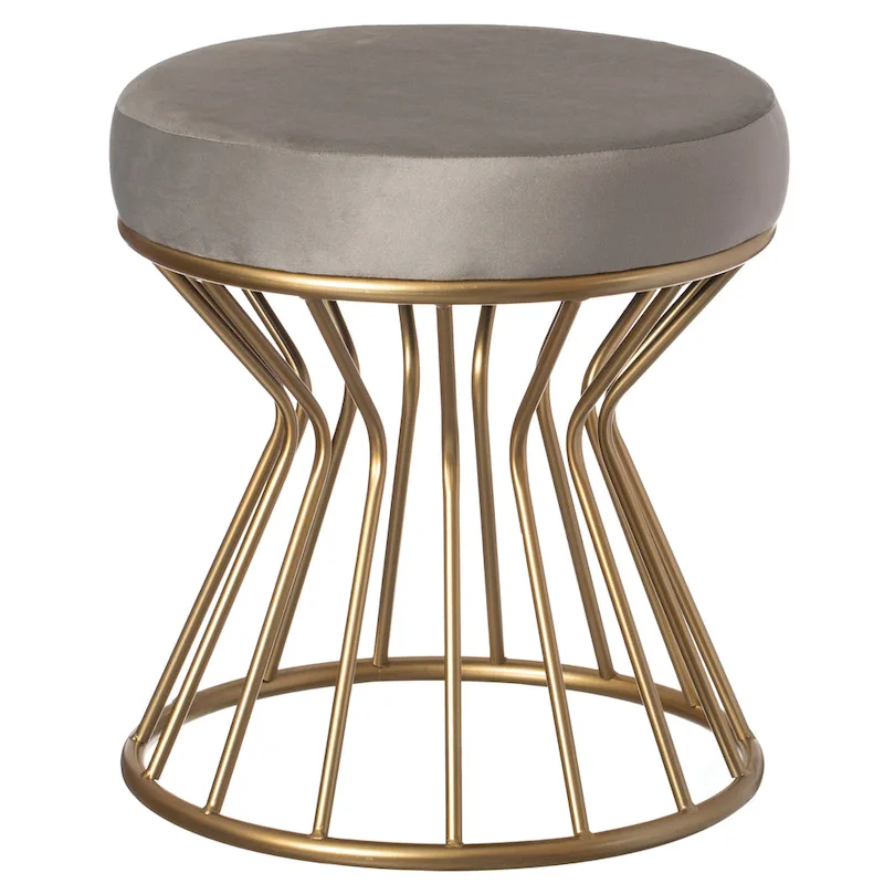 Round Velvet Ottoman Stool, Gray/Black, Gold Metal Base, Modern, 17.75