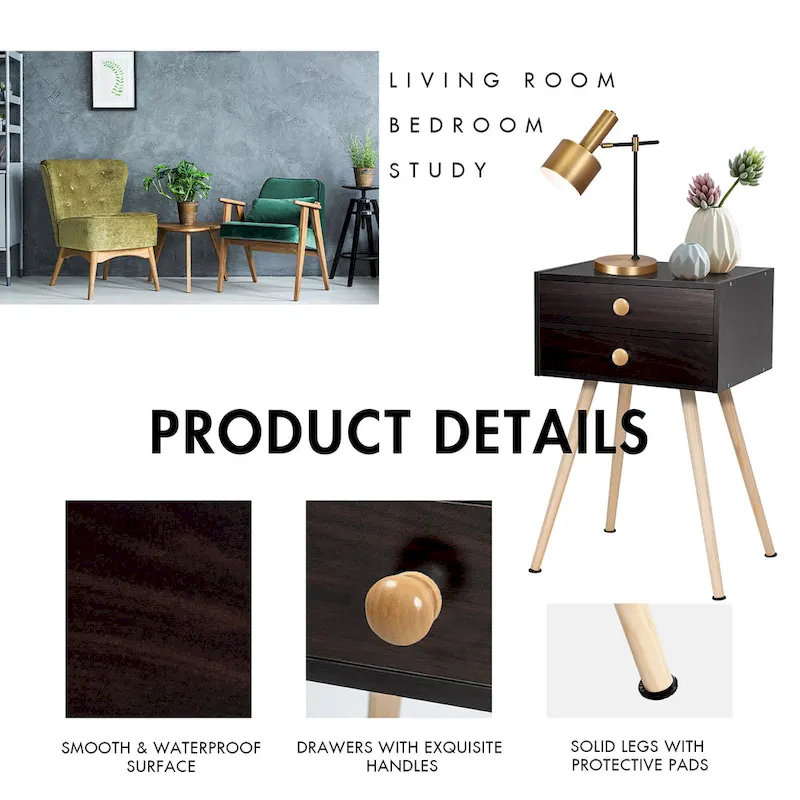 Costway Mid Century Modern 2 Drawers Nightstand Sofa Side Table End - See Details