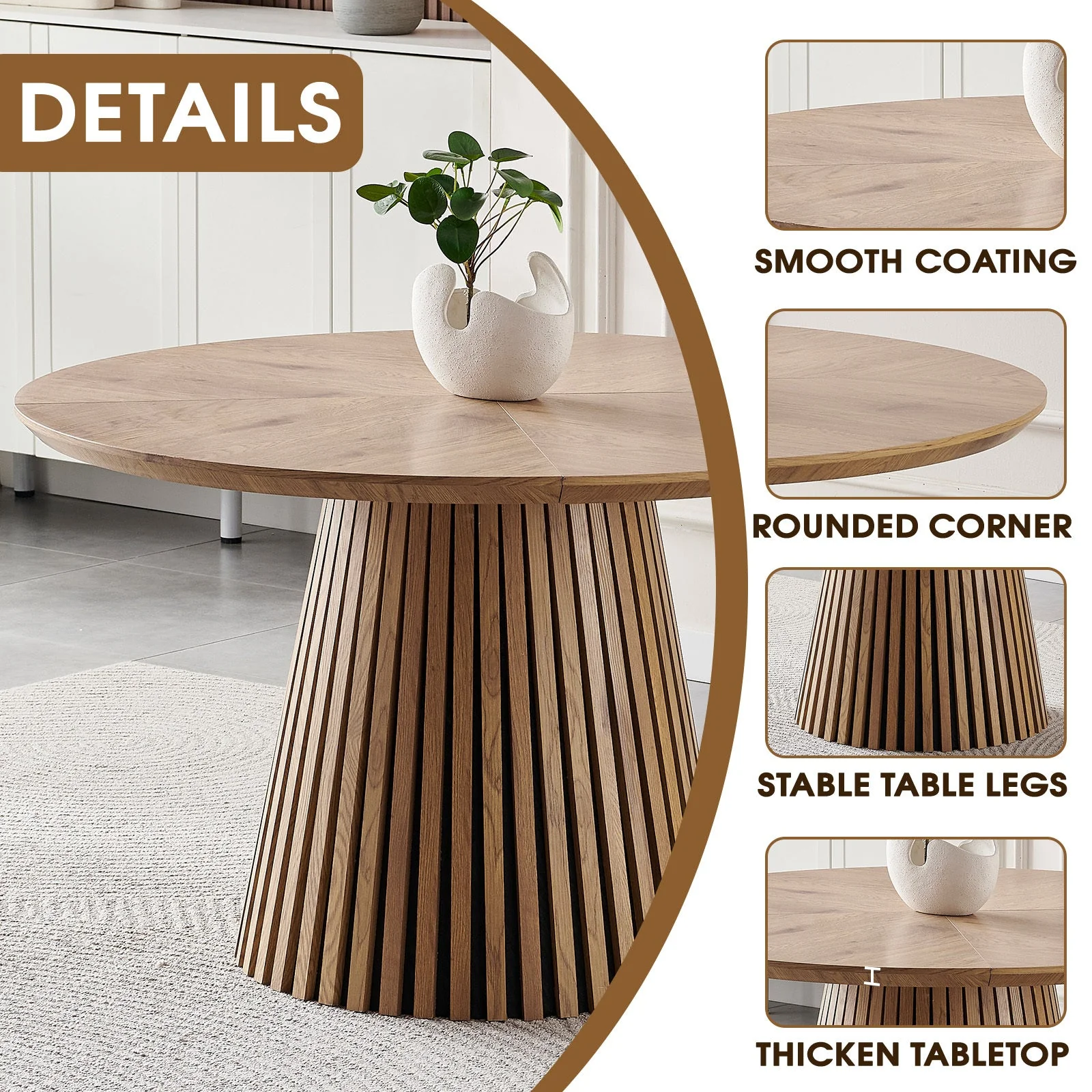 Modern Round Reeded Wooden Dining Table