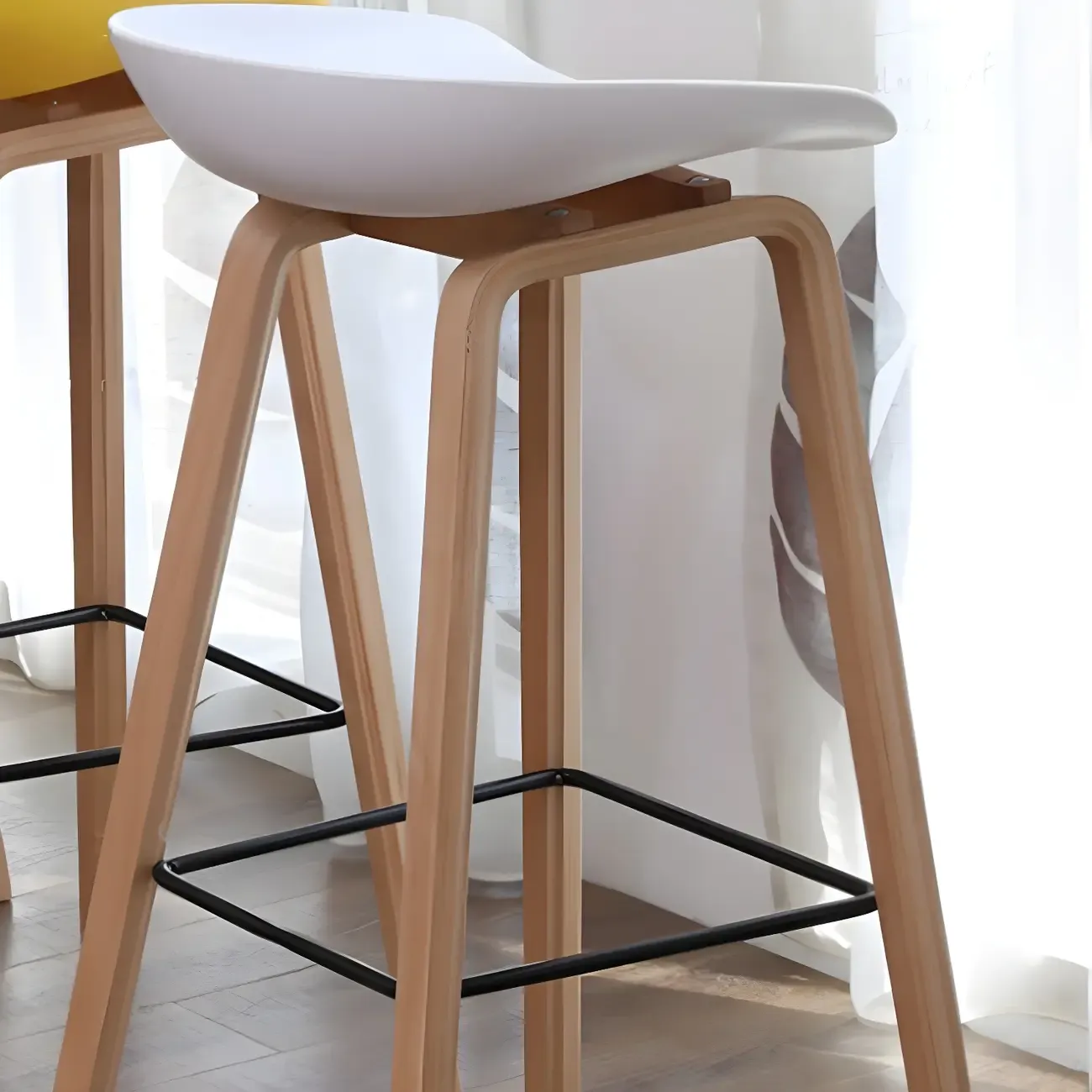 Mid-Century Modern Plastic Bar Stool with Wood Legs
