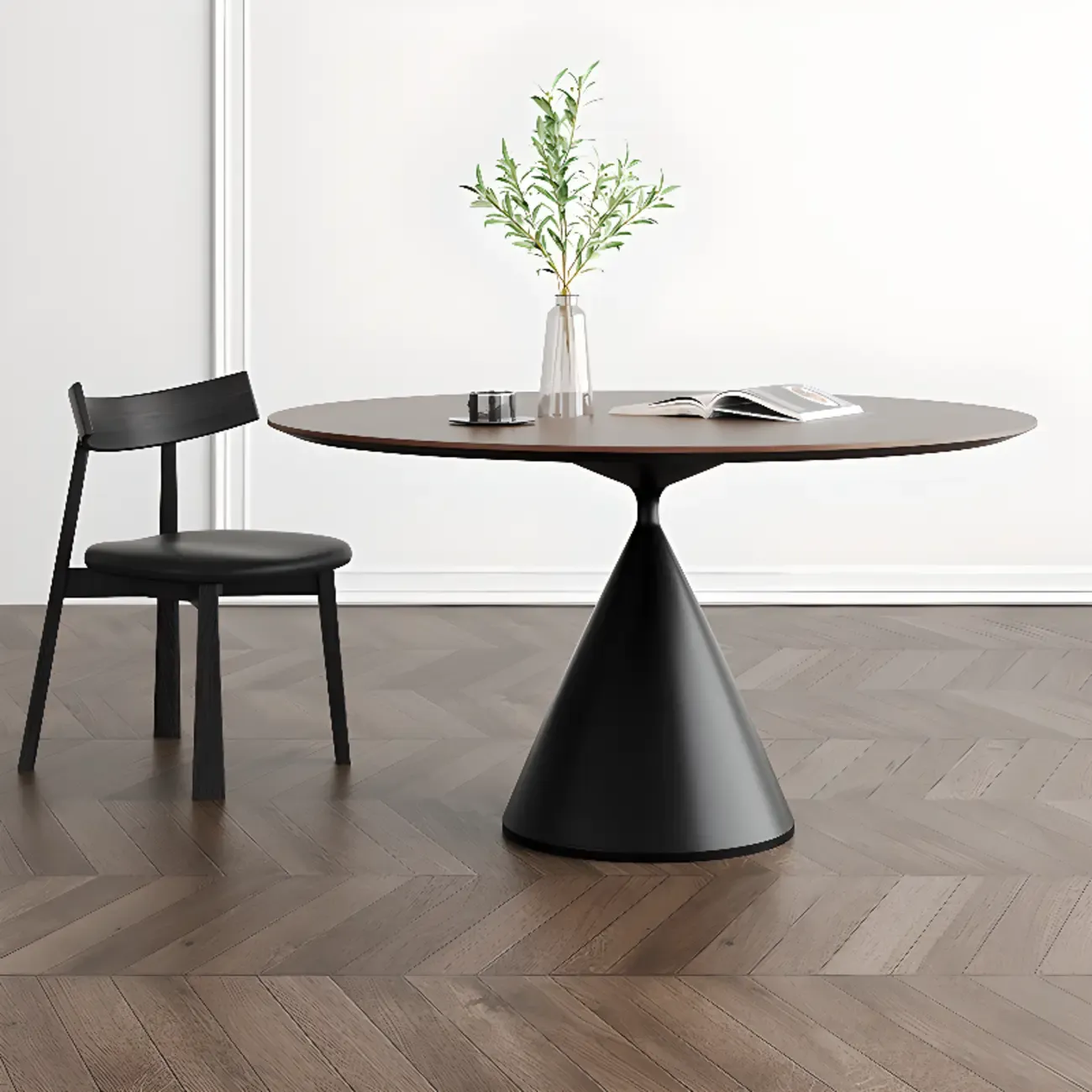 Modern Black Wood Pedestal Round Dining Table