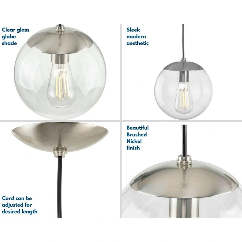 Atwell Collection 1-Light Clear Glass Brushed Nickel Small Pendant - 8 in x 8 in x 8.75 in
