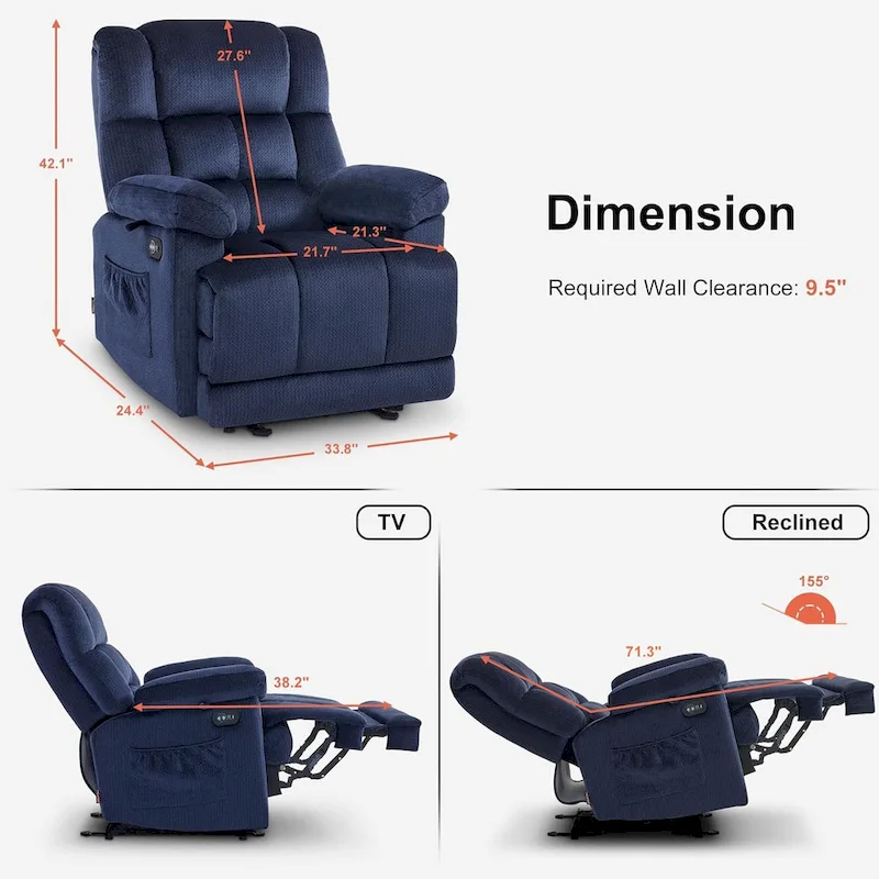 Electric Power Recliner Chair with Heat and Massage, Fabric