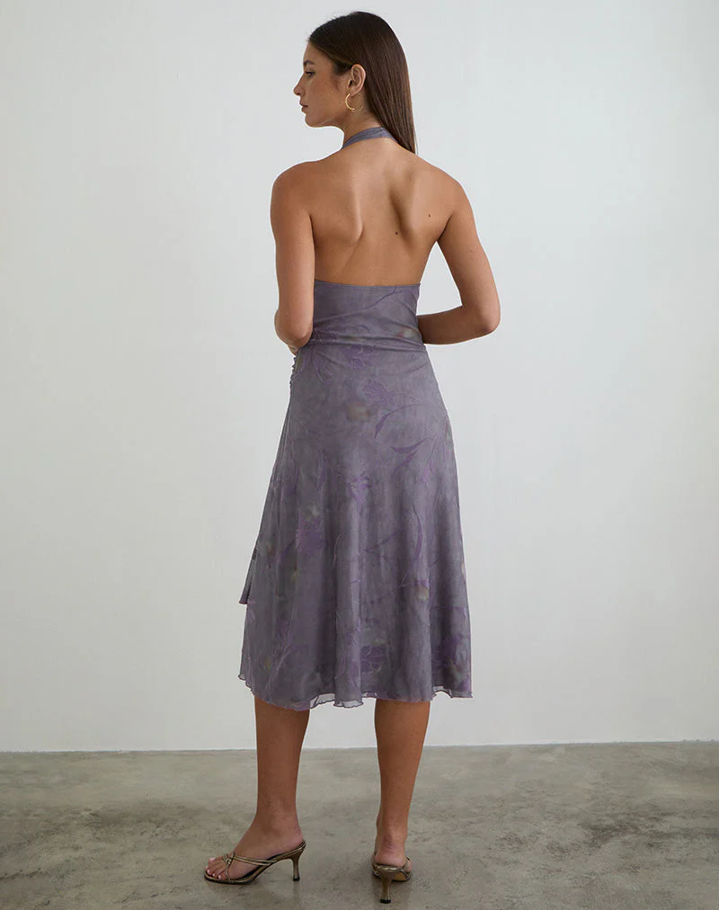 Rokoyo Halterneck Midi Dress in Flare Flower Purple