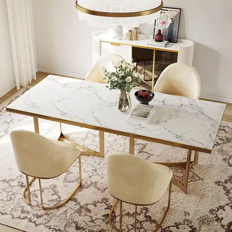 Modern Marble Dining Table with White Rectangular Tabletop Gold Stainless Legs, Dining Room Table for 4-6 - 63