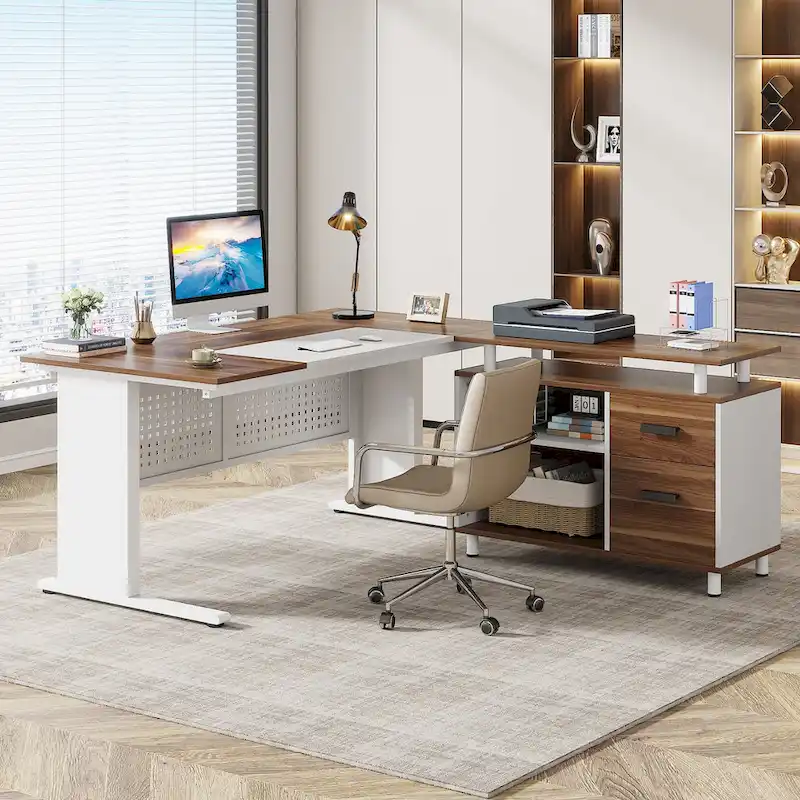 L Shaped Executive Desk, Large Computer Desk with File Cabinet