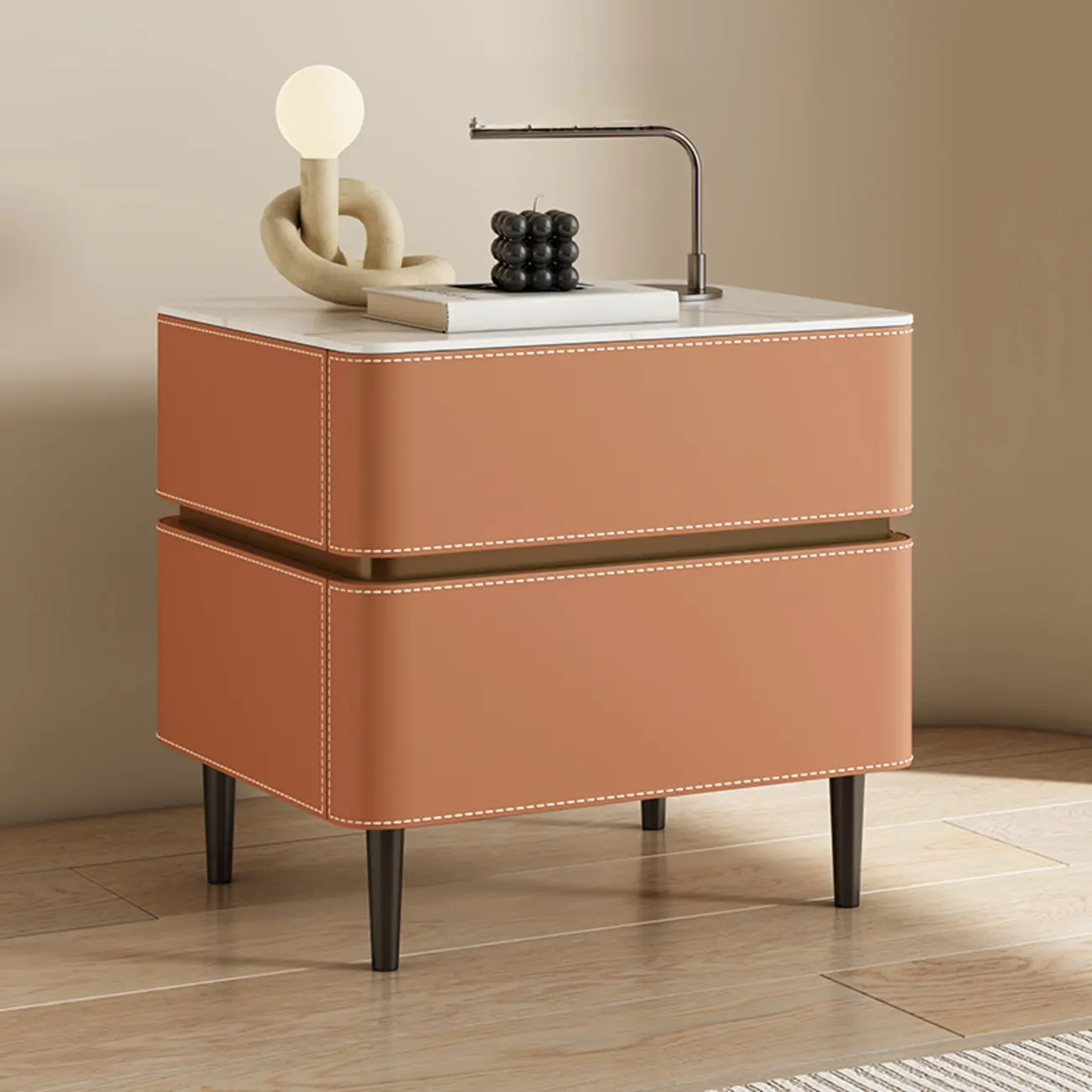 Modern Faux Marble Top Leather Rounded 2-Drawer Nightstand
