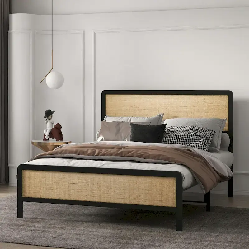 Bed Frame with Rattan Headboard, No Box Spring Needed