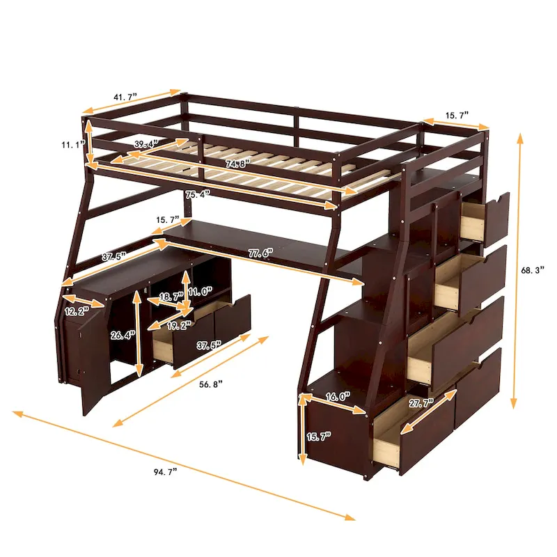 Espresso Twin Size Wood Loft Bed with Drawers, Shelves & Desk