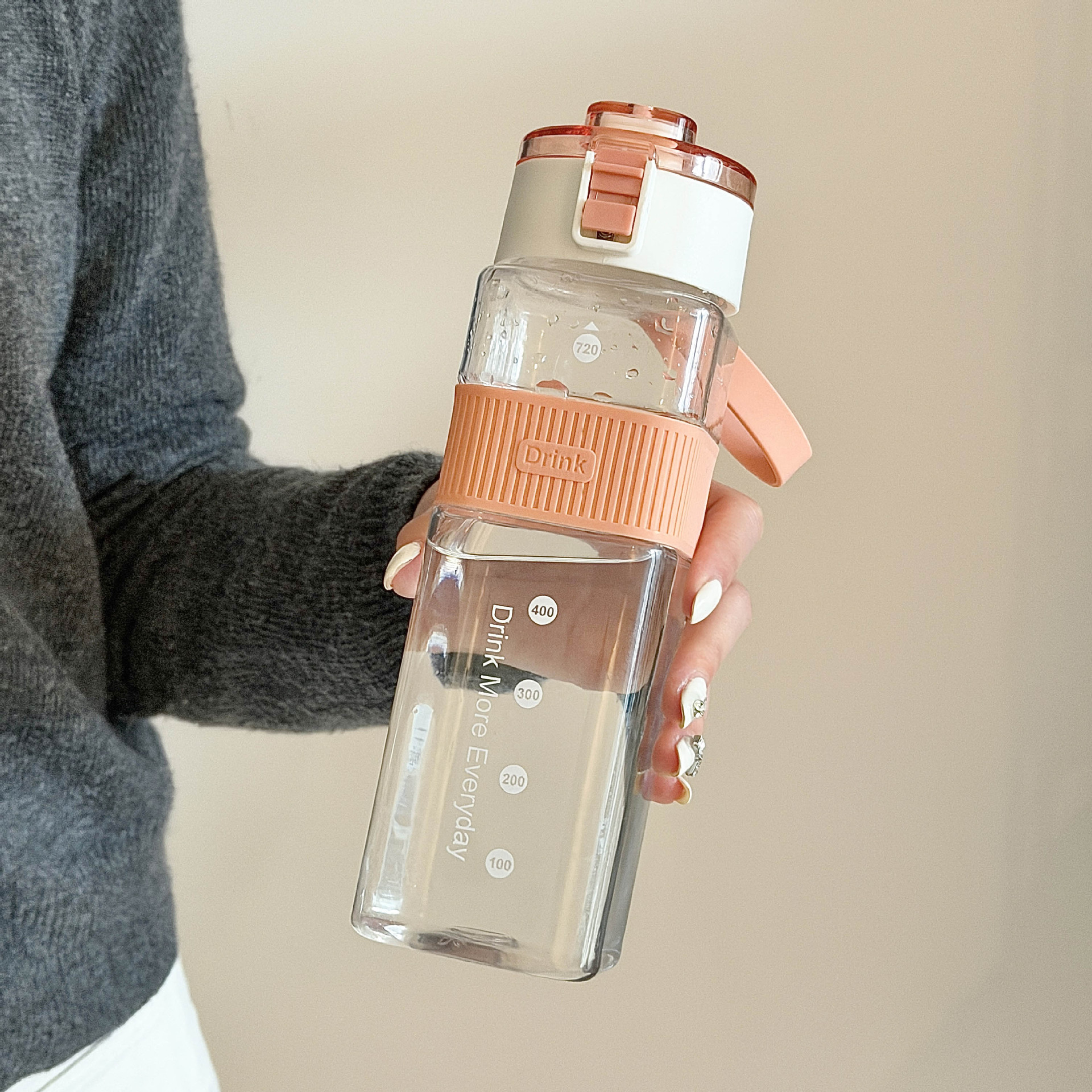 700ML Pink Square Water Bottle with Flip Lid and Silicone Grip