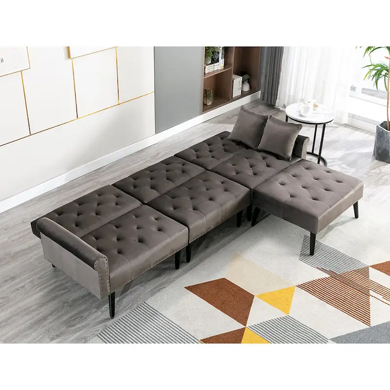 Convertible Velvet Sofa Couch, Sectional Sofa with Ottoman, Mid-Century Futon Sofa Bed - 32D x 100.7W x 29.9H