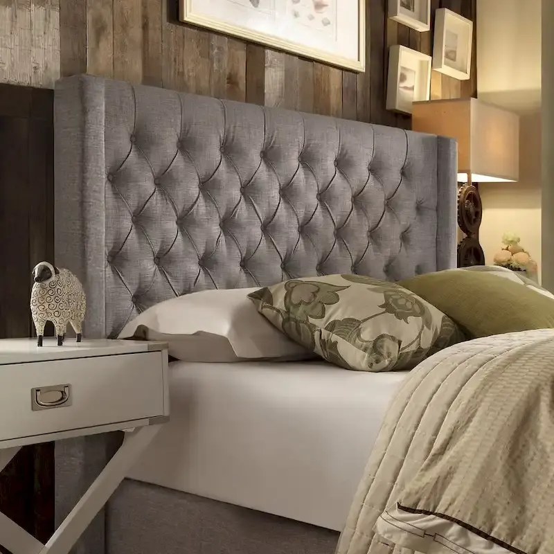 Detmold Queen Wingback Button Tufted Linen Fabric Headboard