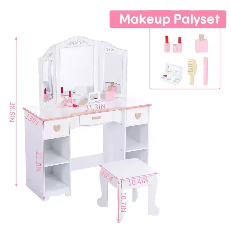 GustoWave Kids Vanity Set with Mirror and Drawer - Girls' Vanity Table and Chair Set with Wood Makeup Playset, Perfect for 3-9 Yr, White