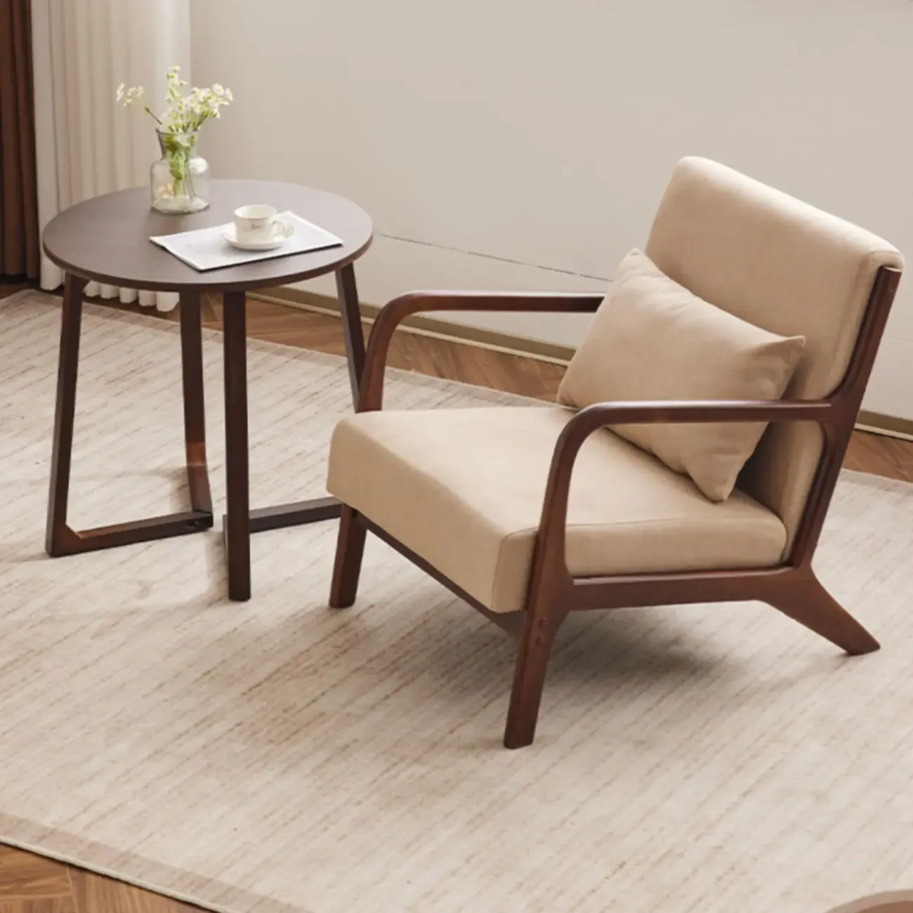 Beige Ottoman Cotton Linen Accent Arm Chair