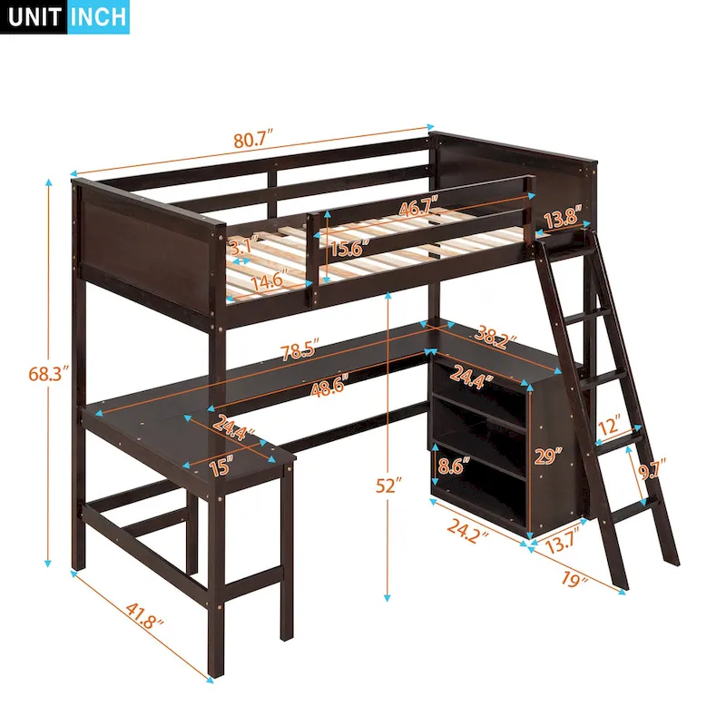 Wood Twin Loft Bed with Desk and Shelves