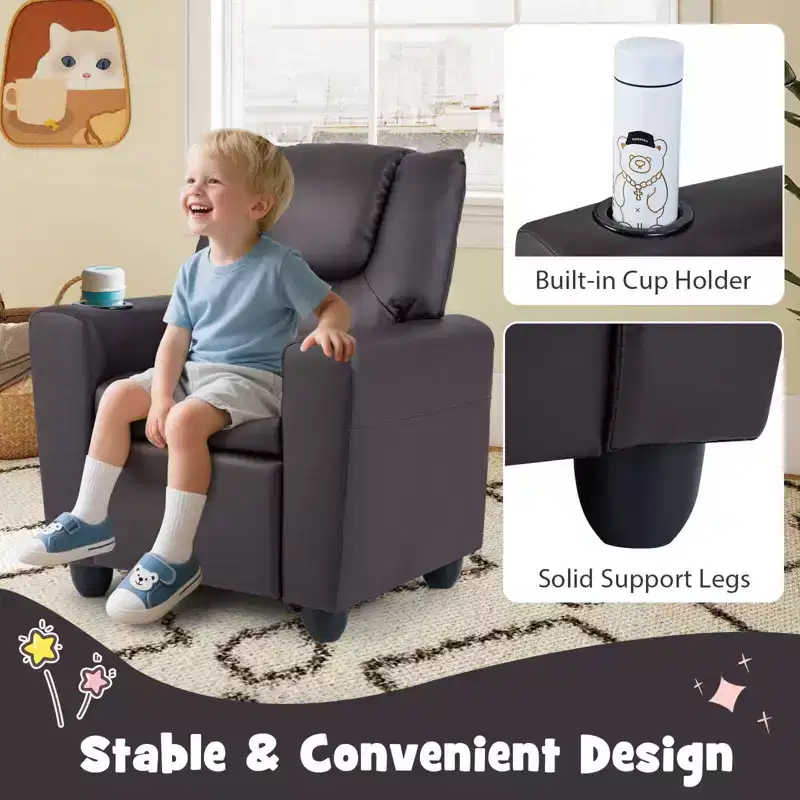 Kids Recliner Chair with Cup Holder – Beige / Black / Brown / Pink, Push-Back Style, 1-Seat