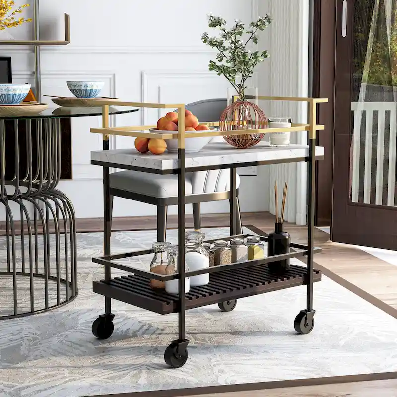 Bouvet Modern White Faux Marble and Slatted 2-Shelf Serving Cart by Furniture of America