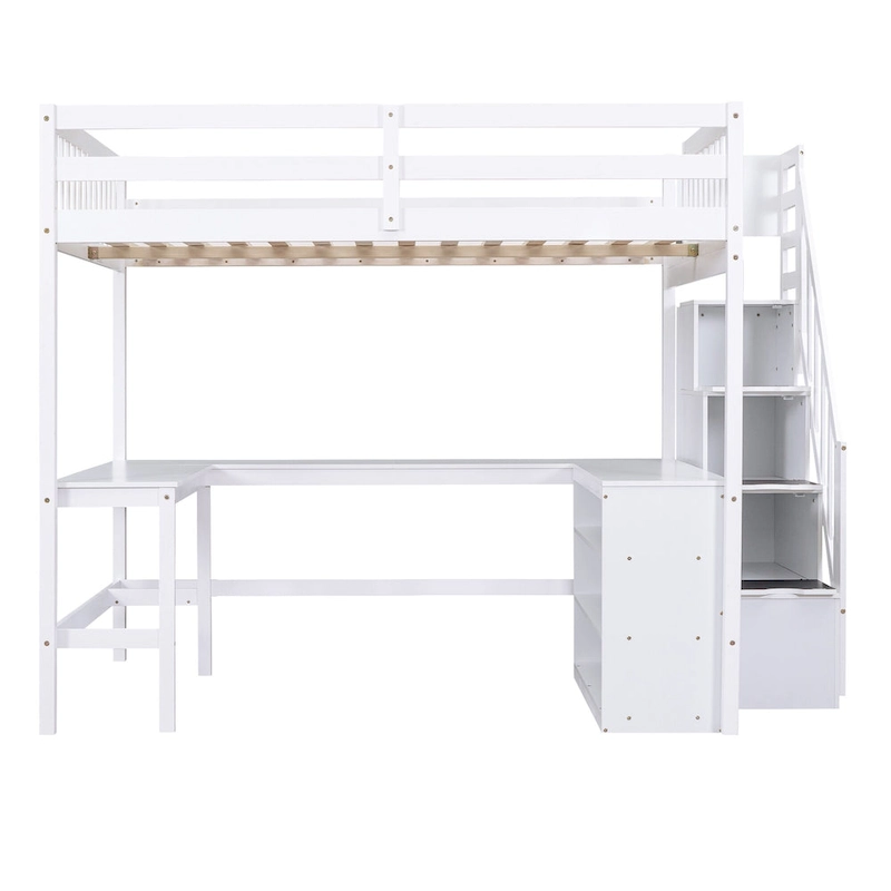 White Full Size Pine Wood Loft Bed with Built-in L-Shaped Desk and Three-Tier Storage Shelves, and Attached Storage Staircase