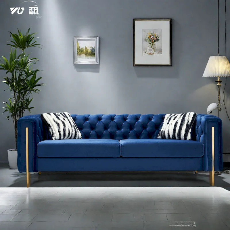 84.25 Velvet 3-Seater Sofa with Button Tufting, Gold Metal Legs, Pocket Spring And Foam Cushioning, 700 lb Capacity