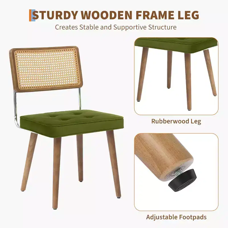 Modern Dining Chairs Set of 2, Upholstered Natural Rattan Kitchen Chairs Accent Chair, Armless Side Chairs with Upholstered Velvet Fabric
